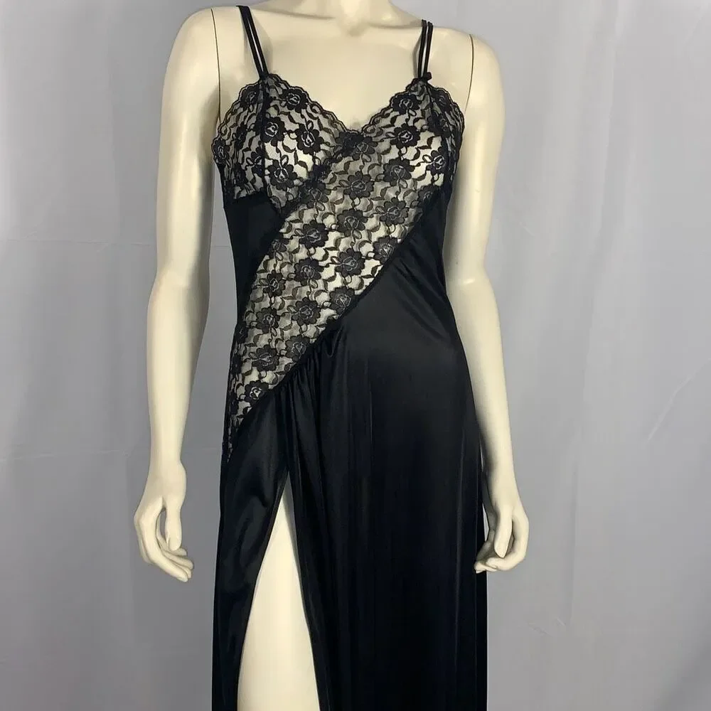 Vintage 70's Black Lingerie Slip Dress Maxi Long Dress High Slit See through Wai - Picture 2 of 16
